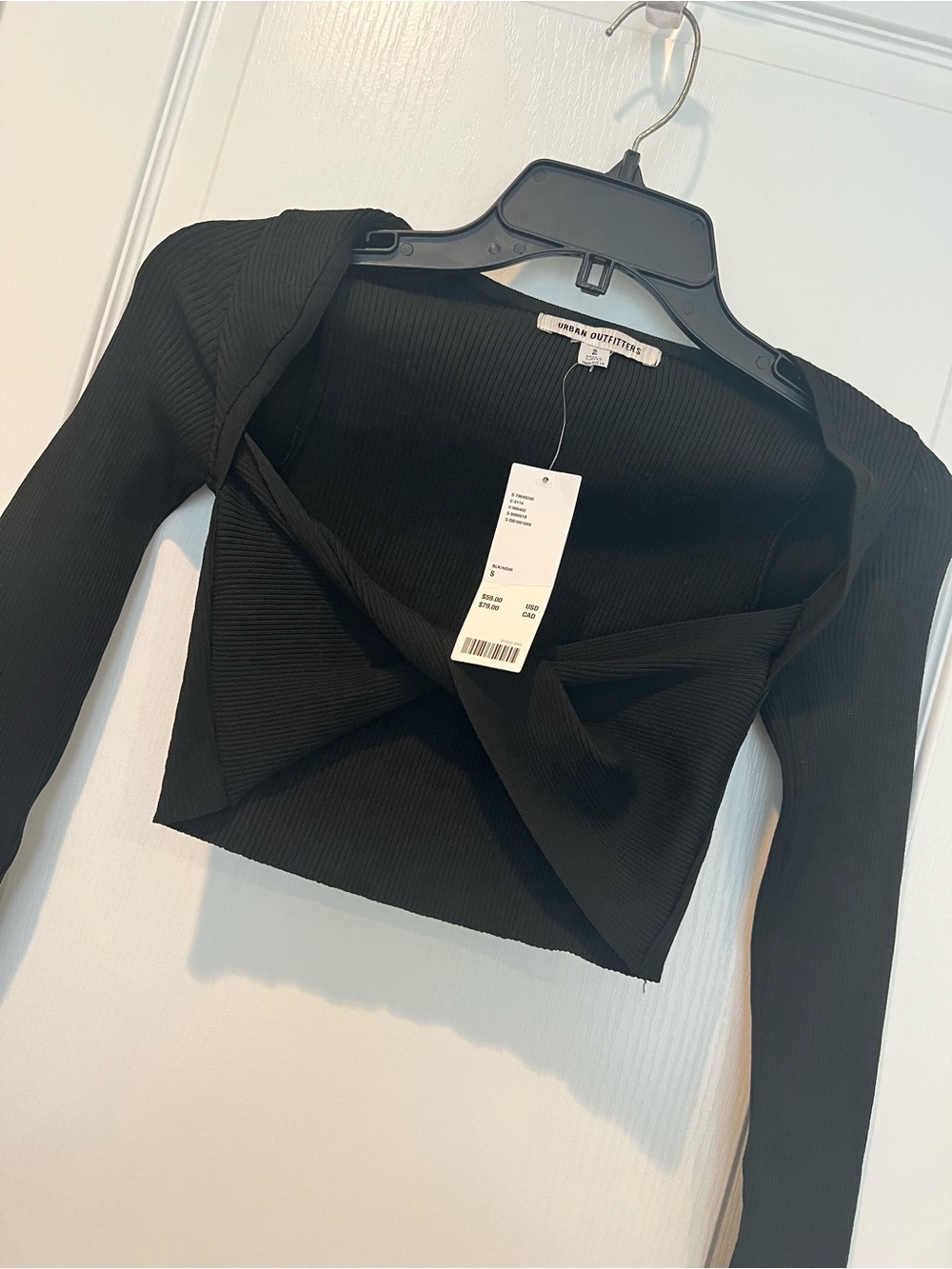 Urban Outfitters Black Ribbed Twist-Front Long Sleeve Crop Top NWT Sexy Flirty S